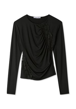 Top nero a maniche lunghe con tessuto drappeggiato su un lato e dettagli in pizzo sulla spalla e sul petto. Tessuto liscio su tutta la superficie.