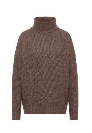 Brun strikket rullekravepullover med mønstret struktur, sænkede skuldre og ribkant ved ærmer og kant. Blødt stof med afslappet pasform.
