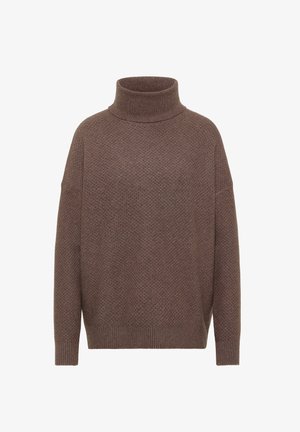 Brun strikket rullekravepullover med mønstret struktur, sænkede skuldre og ribkant ved ærmer og kant. Blødt stof med afslappet pasform.