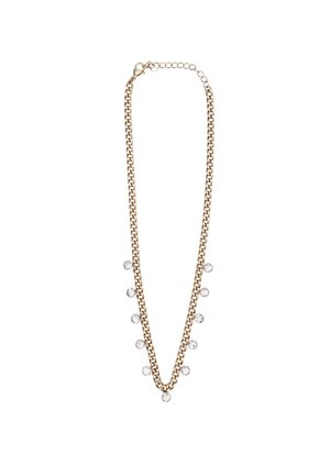 Collana in oro con catena decorata da cristalli trasparenti rotondi disposti in un motivo discendente. Lunghezza regolabile con chiusura a gancio.