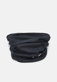 Black, stretchy neck gaiter with a smooth fabric texture and gathered design. Features a small, unobtrusive logo on side.