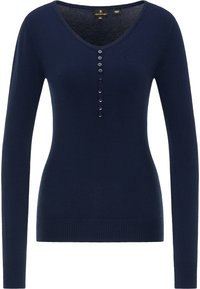 Marinblå långärmad tröja i mjukt material med V-ringning, som har en knappslå fram och ribbade ärmslut och nederkant.