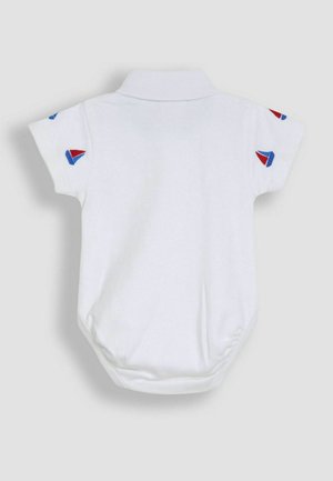 Balts īsām piedurknēm polo bodysuits ar apkakles kakla izgriezumu, ar maziem ziliem un sarkaniem jahtas izšuvumiem uz pleciem. Mīksta auduma.