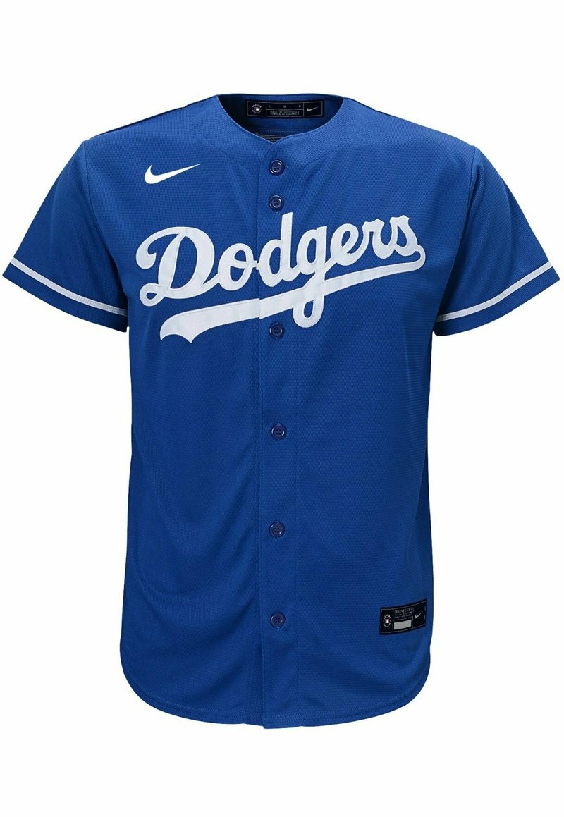 Blauwe honkbalshirt gemaakt van ademend materiaal, met witte "Dodgers" tekst, knoopsluiting aan de voorkant en witte gestreepte accenten op de mouwen.
