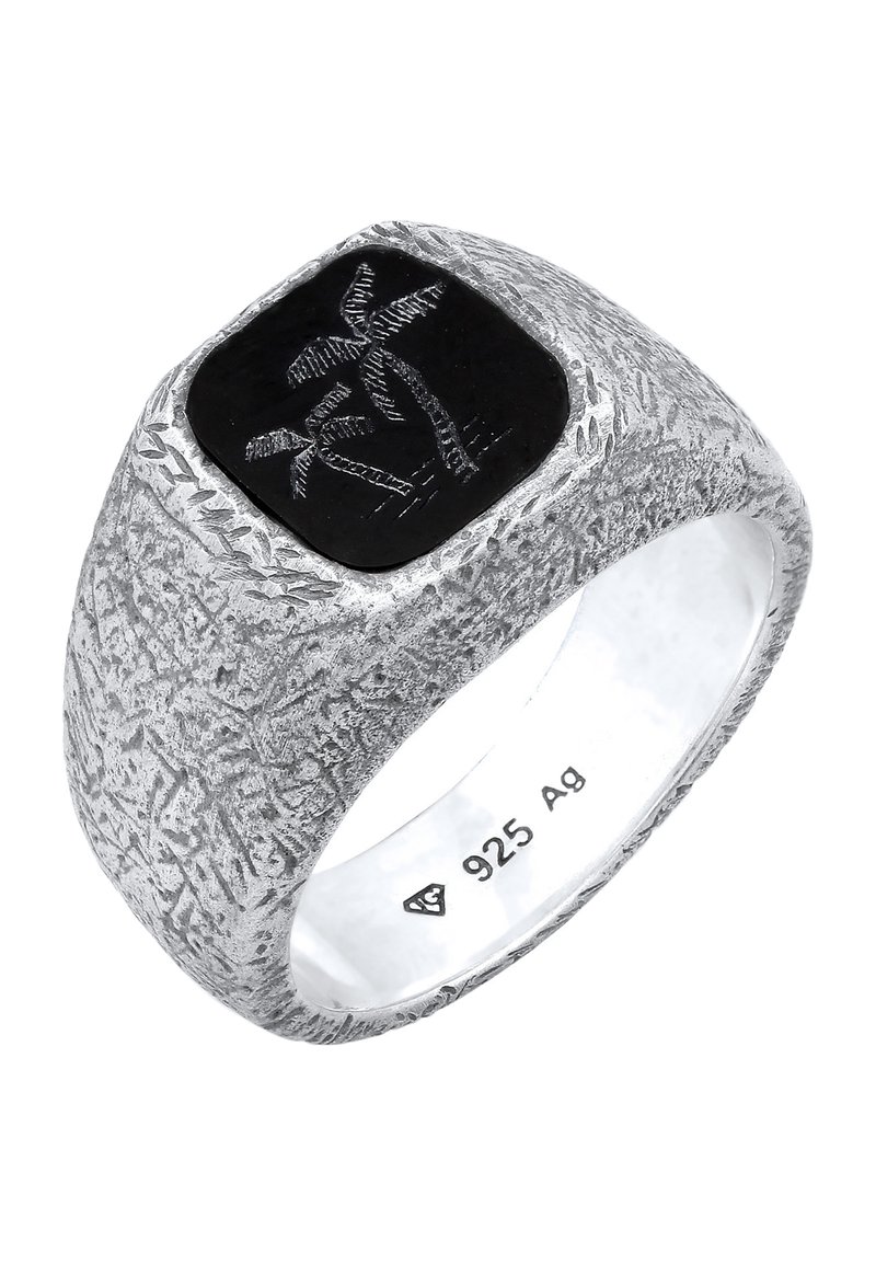 Bague en argent texturé avec une pierre carrée noire gravée de palmiers, marquée "925 Ag" à l'intérieur de l'anneau.