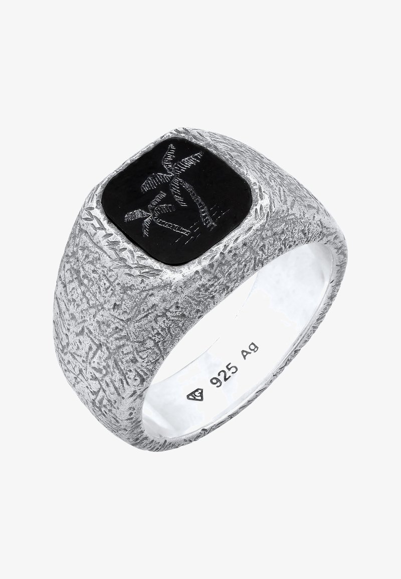 Bague en argent texturé avec une pierre carrée noire gravée de palmiers, marquée "925 Ag" à l'intérieur de l'anneau.