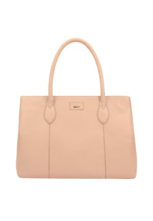 Sac fourre-tout en cuir beige doux avec deux anses supérieures, design minimaliste et détails de couture subtils sur les côtés.