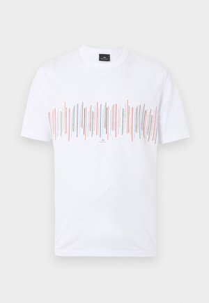 White short-sleeve t-shirt with multicolored vertical lines across the chest and a small black label at the neckline.