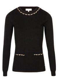 Maglione nero a maniche lunghe con scollatura rotonda. Presenta un'accenno d'oro a forma di catena al colletto e tasche frontali con dettagli dorati.