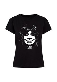 Black cotton t-shirt featuring a white graphic of a face with exaggerated features and text that reads "EZZY OSBOURNE" below it.