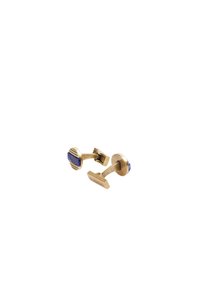 Gemelos de escritorio de bronce con acentos de piedra azul, diseño circular con detalles estriados y un cierre en forma de T para un ajuste seguro.