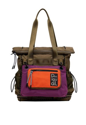 Sac cabas marron et violet avec de longues anses, doté d'une poche zippée avant orange avec un logo Desigual et des poches latérales en mesh.