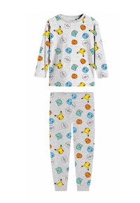 Long-sleeve gray pajamas with colorful Pikachu, Squirtle, Charmander, Bulbasaur faces and Pokéball patterns.
