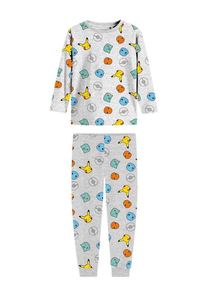 Long-sleeve gray pajamas with colorful Pikachu, Squirtle, Charmander, Bulbasaur faces and Pokéball patterns.