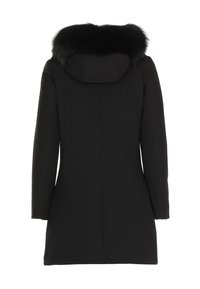 Cappotto nero con cappuccio in pelliccia sintetica removibile, design aderente, maniche lunghe e una superficie liscia con cucitura posteriore pulita.