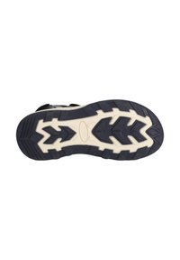 Svart atletisk skosula med djupa mönster, utrustad med en vit mellansula och texturerade mönster för grepp. Hållbart gummimaterial.
