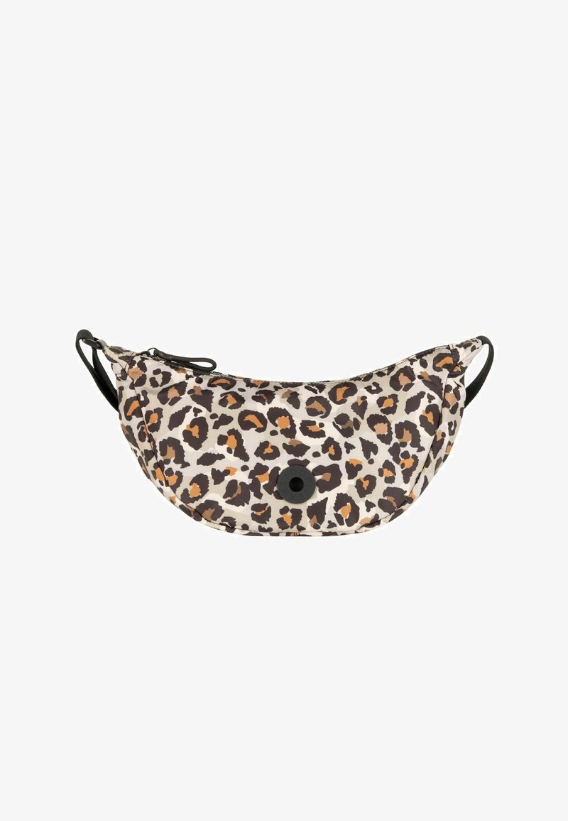 Marsupio con stampa leopardata in beige, marrone e arancione. Presenta una chiusura a zip nella parte superiore e cinghie nere regolabili per un indosso sicuro.