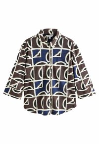 Braunes und marineblau gemustertes Shirt mit kurzen Ärmeln, einem Kragen und Knopfverschluss. Besitzt abstrakte Formen auf einem cremefarbenen Hintergrund.