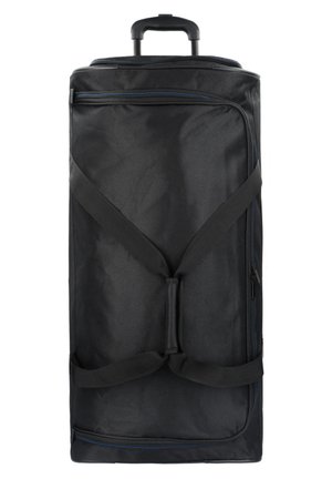 Bolsa de viaje rodante negra con un asa retráctil, dos correas laterales y un bolsillo con cremallera. Hecha de un tejido duradero con detalles en azul.