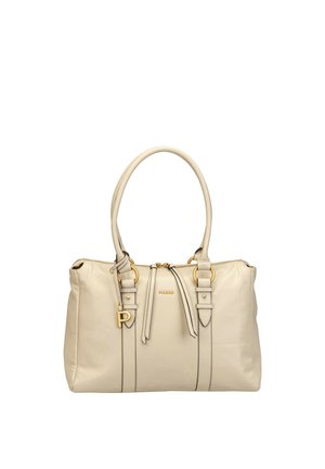 Beige Lederhandtasche mit doppelten Griffen, goldfarbenen Beschlägen, Reißverschluss und einem kleinen goldenen "P"-Anhänger am vorderen Riemen.