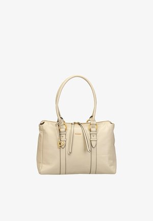Sac à main en cuir beige avec double poignées, ferrures dorées, fermeture éclair, et un petit pendentif en forme de "P" doré sur la sangle avant.