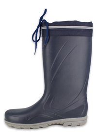 Marineblauwe rubberen regenlaars met een grijze zool, textuurafwerking en een trekkoord bovenaan. Beschikt over soepele lijnen en een licht verhoogde profiel voor grip.