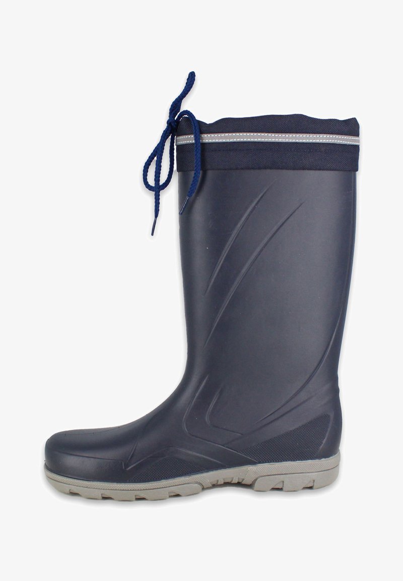 Marineblauwe rubberen regenlaars met een grijze zool, textuurafwerking en een trekkoord bovenaan. Beschikt over soepele lijnen en een licht verhoogde profiel voor grip.