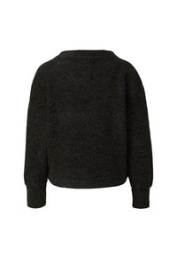 Schwarzer Pullover mit strukturierter Oberfläche, Rundhalsausschnitt und langen, leicht gepufften Ärmeln. Hat eine lockere Passform und gerippte Bündchen.