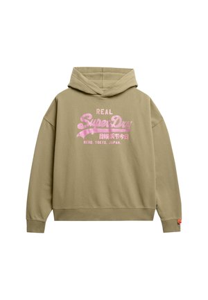 Olijfgroene hoodie met grote roze grafische tekst op de achterkant, ribbelmanchetten en -zoom, gemaakt van zachte katoen.