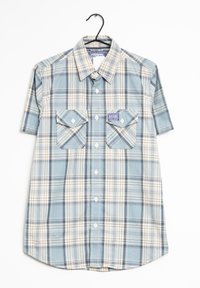 Camicia a maniche corte a quadretti in tonalità blu, crema e grigio, con due tasche sul petto e colletto a bottoni. Tessuto morbido.
