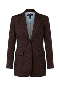 Brown blazor with a zigzag pattern in darker tones, featuring a notched collar, two front pockets, and a single button closure.