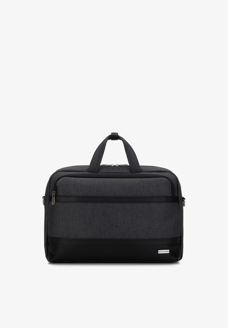 Mallette en tissu noir et gris foncé avec doubles poignées, poche avant zippée et petit logo « Wittchen » en bas à droite.