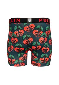 Boxers en tissu extensible, avec un fond sombre orné de crânes rouges vifs et de cerises, détaillés de feuilles vertes.