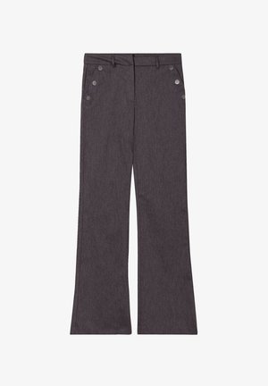 Spodnie dzwony w ciemnoszarym materiale o teksturowanym wykończeniu. Posiadają pięć guzików na przednich kieszeniach oraz płaski pas.