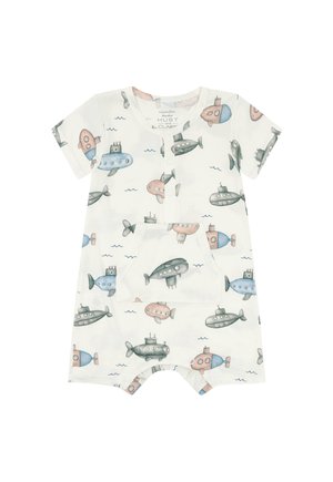 Tutina per neonati a maniche corte con bottoni sul davanti e tasca a marsupio, caratterizzata da un motivo di sommergibili color pastello su tessuto bianco.