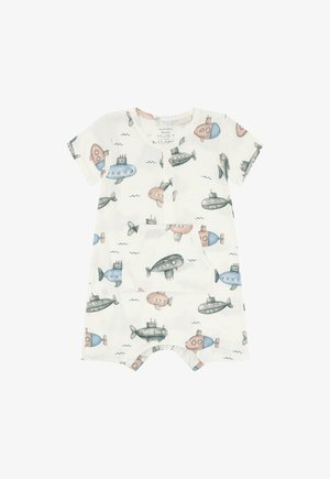 Kurzärmeliger Babystrampler mit Knöpfen vorne und einer Kängurutasche, mit einem pastellfarbenen U-Boot-Muster auf weißem Stoff.