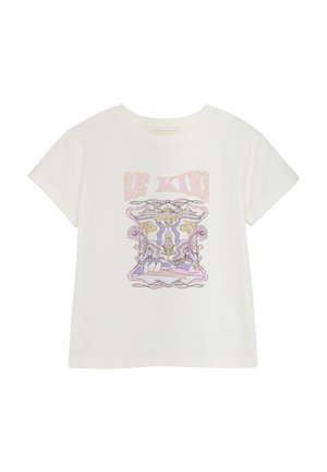 Weißes, kurzärmliges T-Shirt mit einem zentralen grafischen Design aus pastelllila und Gold, abstrakten Formen und dem Text "SEI NETT". Baumwollstoff.