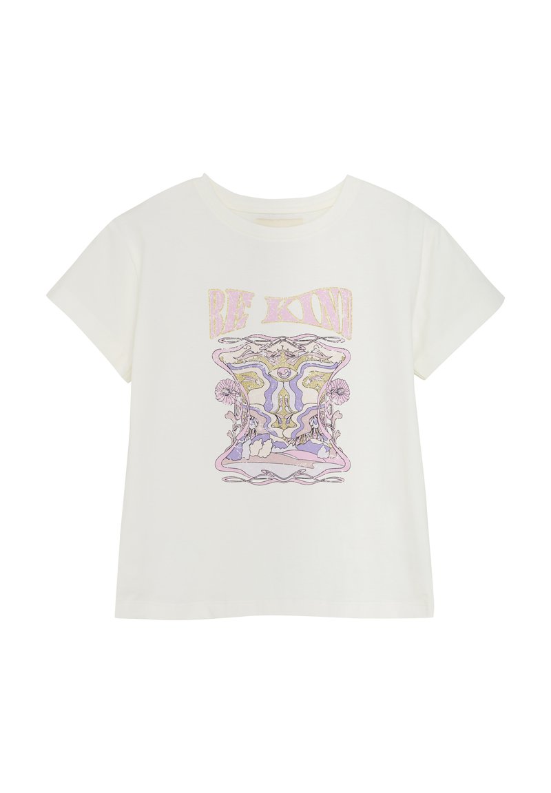Witte, short-sleeve t-shirt met een centraal grafisch ontwerp in pastelpaars en goud, abstracte vormen en de tekst "Wees Vriendelijk". Katoenen stof.
