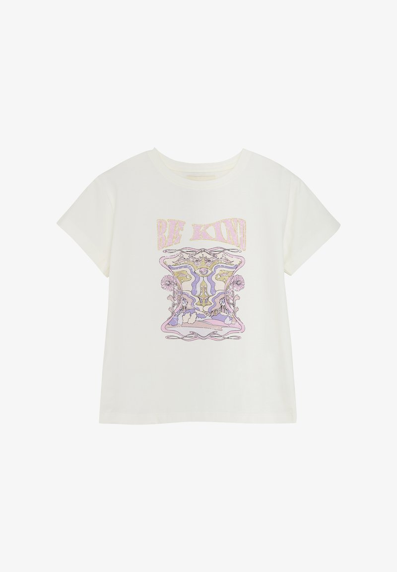 Hvid, kortærmet t-shirt med et centralt grafisk design i pastel lilla og guld, abstrakte former og teksten "BE KIND". Bomuldsstof.