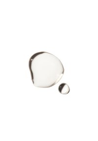 Transparent gel drops, one larger and irregular in shape, the other smaller and round. Smooth texture, reflecting light against a white background.