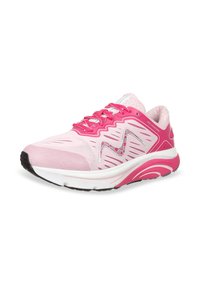 Lightweight running shoe in pink mesh and synthetic material. Features white rubber sole, prominent zigzag design, and red laces.
