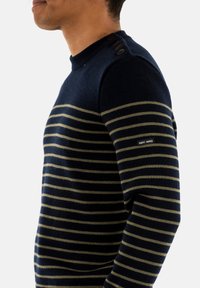 Maglione blu navy con righe verde oliva, scollo a girocollo e tre bottoni decorativi sulla spalla. Il tessuto sembra morbido con un aspetto testurizzato.