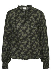 Blouse verte à motifs en tissu léger, avec un col volanté, un cordon de serrage et des poignets élastiqués. Motif géométrique.