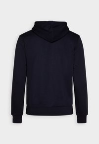 Felpa blu navy con cappuccio regolabile, maniche lunghe e polsini e orlo a coste. Tessuto liscio con un design minimalista.
