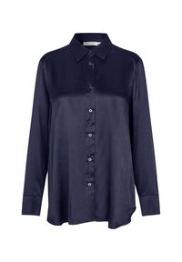 Navyblaue Langarm-Button-Up-Bluse aus glattem Stoff mit spitzem Kragen und leicht abgerundetem Saum.