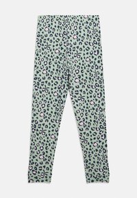 Žalios pėdkelnės, dekoruotos leopardų raštu juodais ir rožiniais atspalviais, pagamintos iš tamprios medžiagos, su prigludusia siluetu ir iki kulkšnies siekiančiu kirpimu.