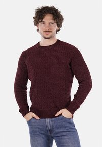Uomo con capelli ricci che indossa un pullover a treccia borgogna e jeans blu, in piedi con le mani in tasca su uno sfondo bianco.