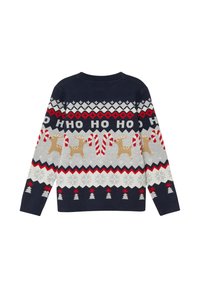Granatowy sweter bożonarodzeniowy z napisem "HO HO HO", wzorami z cukrowych lasek, reniferów, płatków śniegu i choinek w kolorach czerwonym, białym i beżowym.