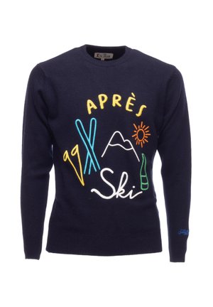 Navy-Pullover mit Rundhalsausschnitt und buntem Applikationsdesign: "APRÈS Ski", Skier, Berge, Sonne und eine Flasche in lebendiger Stickerei.
