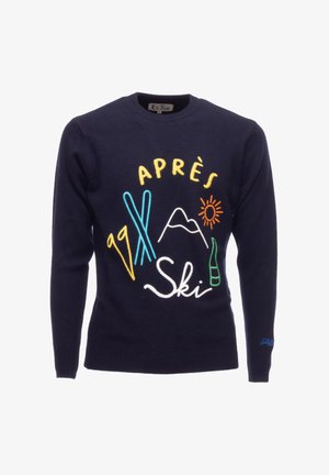 Navy-Pullover mit Rundhalsausschnitt und buntem Applikationsdesign: "APRÈS Ski", Skier, Berge, Sonne und eine Flasche in lebendiger Stickerei.